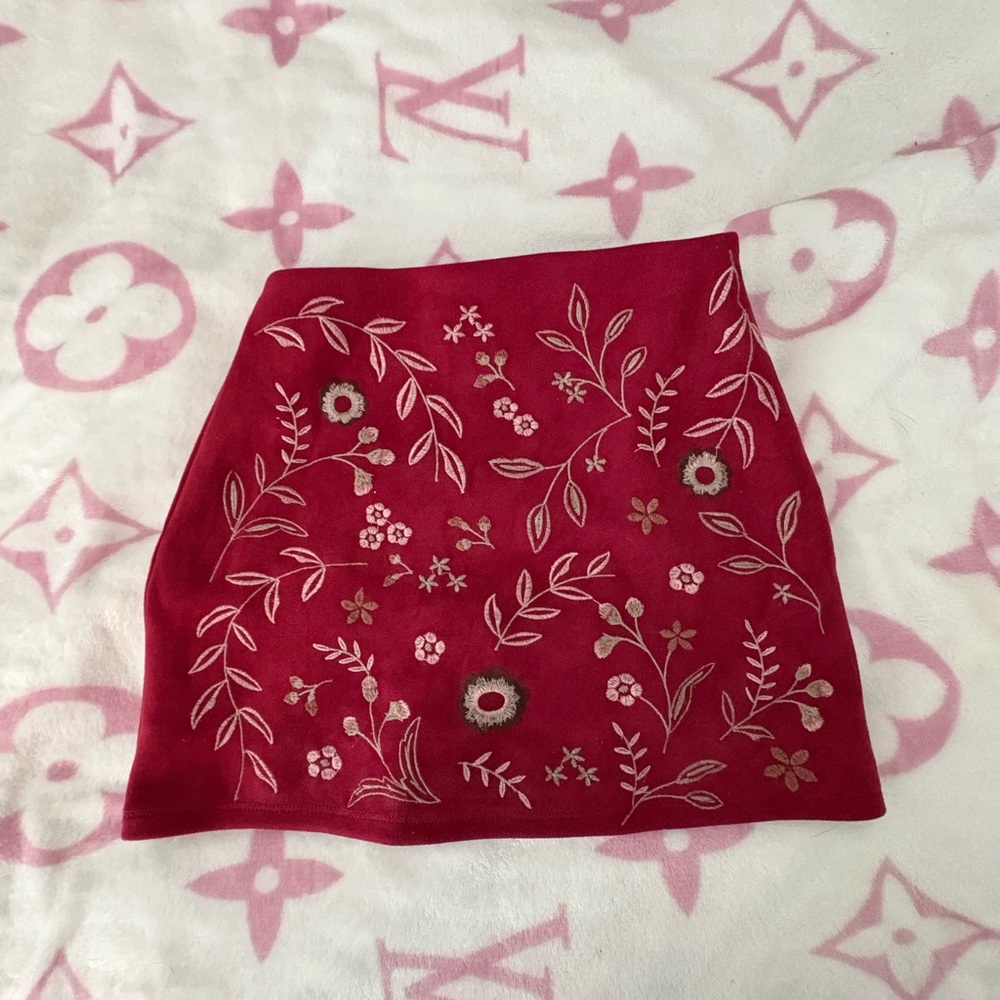 Floral Embroidered Red Skirt